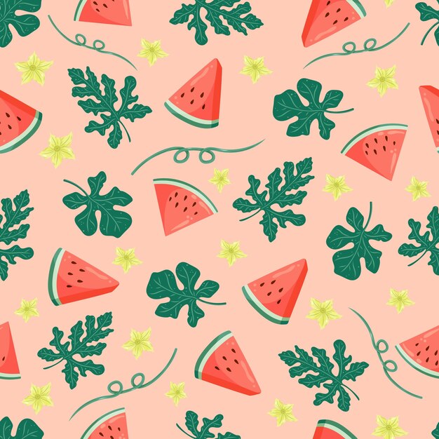 Des motifs sans couture de pastèque avec des tranches de pastèques, des feuilles et des fleurs. Illustration vectorielle de fruits d'été. Arrière-plan de fruits tropicaux pour tissu pour bébés, emballage textile pour enfants, livre de souvenirs.