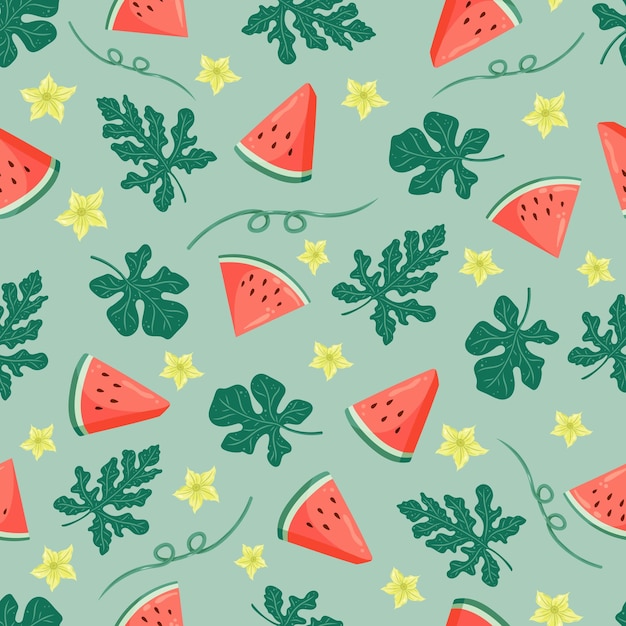 Des motifs sans couture de pastèque avec des tranches de pastèques, des feuilles et des fleurs. Illustration vectorielle de fruits d'été. Arrière-plan de fruits tropicaux pour tissu pour bébés, emballage textile pour enfants, livre de souvenirs.