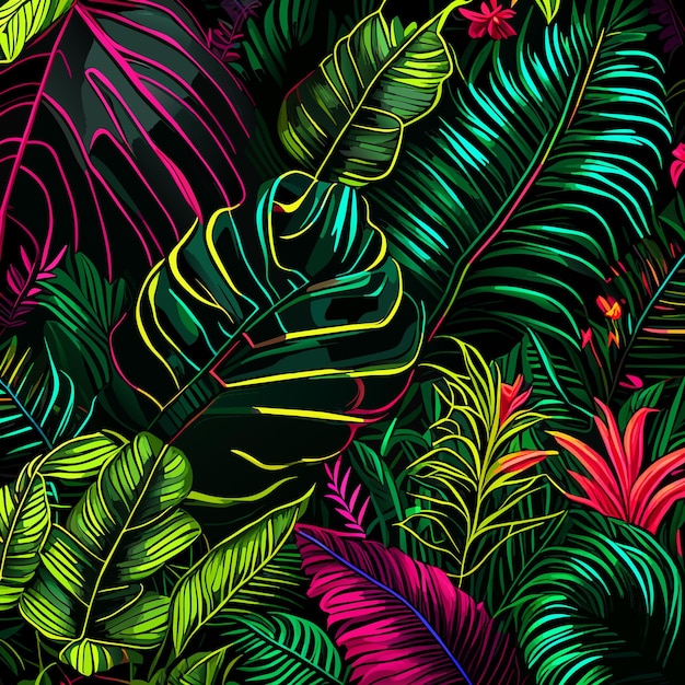 Des Motifs Tropicaux Abstraits Sans Couture Avec Des Plantes Et Des Feuilles Brillantes Sur Un Fond Noir