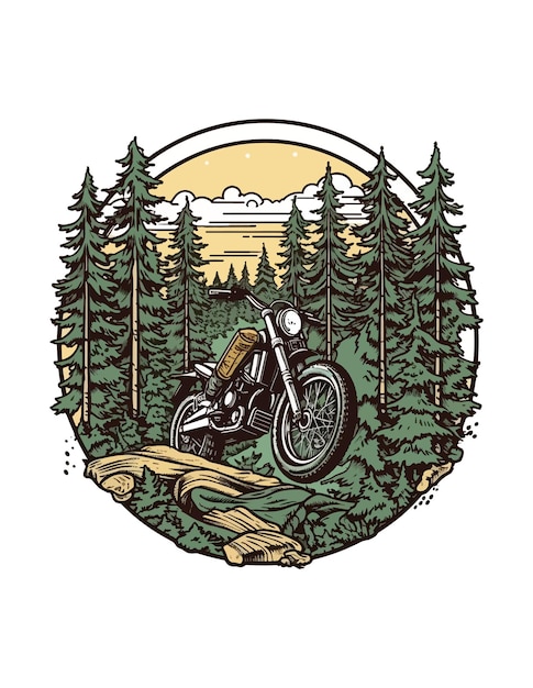 Moto Devant Une Forêt Moto D'illustration Dessinée à La Main Conception D'illustration Dessinée à La Main