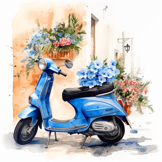 Vecteur moto vintage dans une ville touristique peinte à l'aquarelle