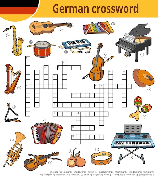 Vecteur mots croisés allemands de vecteur, jeu éducatif pour les enfants sur les instruments de musique