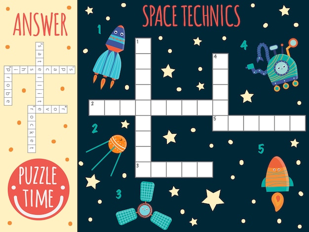 Mots Croisés De L'espace. Quiz Lumineux Et Coloré Pour Les Enfants. Activité De Puzzle Avec Les Techniques Spatiales, Satellite, Vaisseau Spatial, Sonde, Rover, Fusée