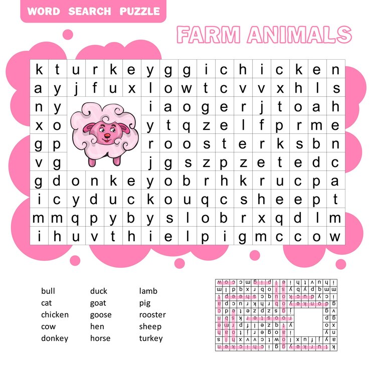 Mots croisés vectoriels, jeu éducatif pour les enfants sur les animaux de ferme et les animaux domestiques. Puzzle de recherche de mots avec réponse