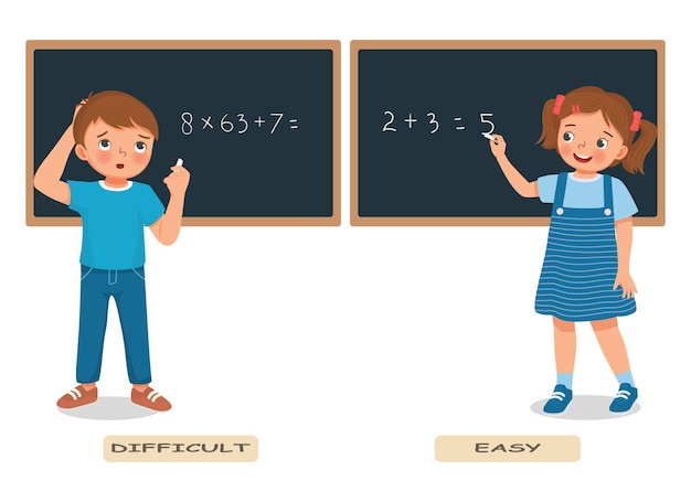 Vecteur mots opposés antonyme facile difficile avec petit garçon fille résolvant une équation mathématique sur le tableau noir