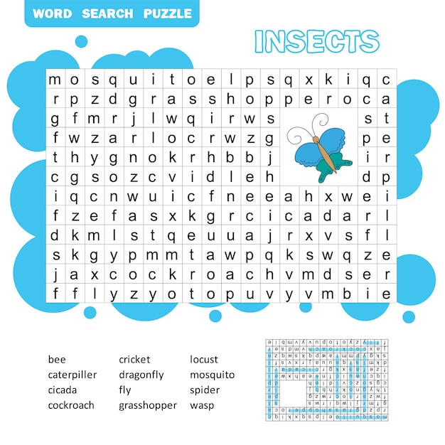 Vecteur mots puzzle jeu éducatif pour enfants. apprentissage du vocabulaire. jeu de recherche de mots sur les insectes.