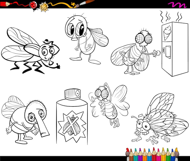 Mouches Set Cartoon Coloriage