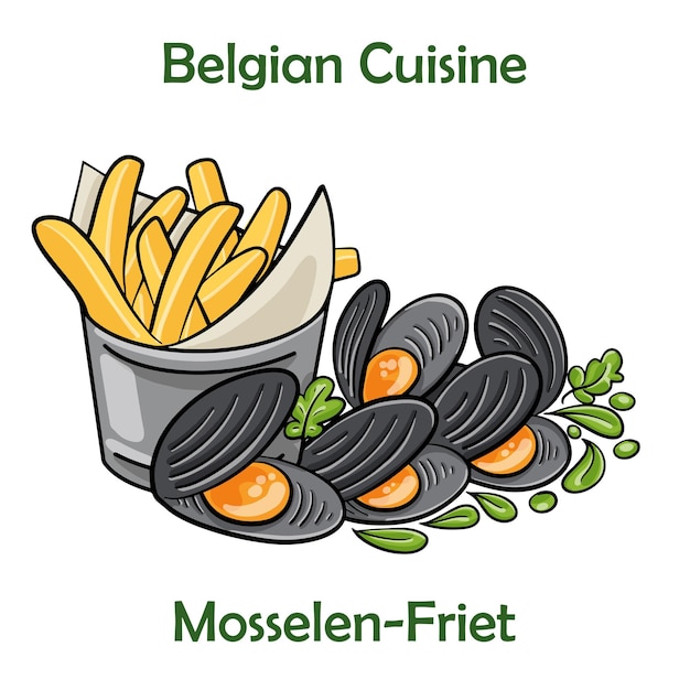 Vecteur moules frites belge mosselenfriet sur fond blanc