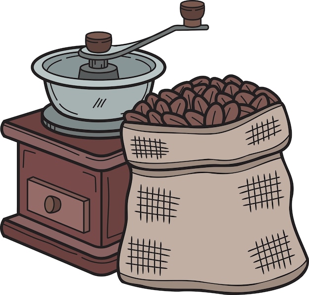 Moulin à café manuel dessiné à la main avec illustration de grains de café dans un style doodle