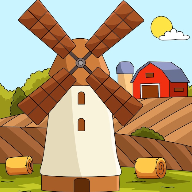 Vecteur moulin à vent, coloré, dessin animé, ferme, illustration