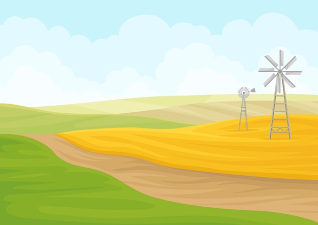 Vecteur moulin à vent dans le champ illustration vectorielle sur fond blanc