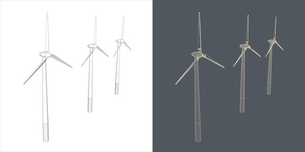 Moulin à vent vectoriel Ligne d'éolienne de type Wireframe Générateur d'énergie renouvelable alternatif vert e