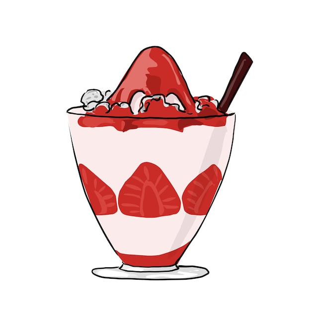 MouthWatering HandDrawn Vector Illustration of Strawberry Topped Whipped Cream Dessert in a Glass Vase handdrawn croquis sur fond blanc