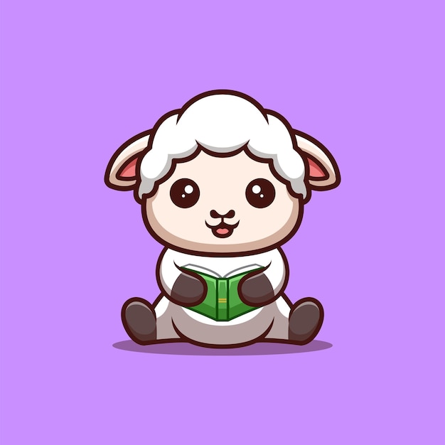 Vecteur mouton assis lire livre logo mascotte dessin animé mignon kawaii créatif