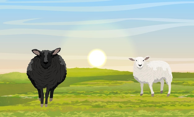 Vecteur mouton blanc et noir moelleux dans un pré herbe verte et lever de soleil ferme