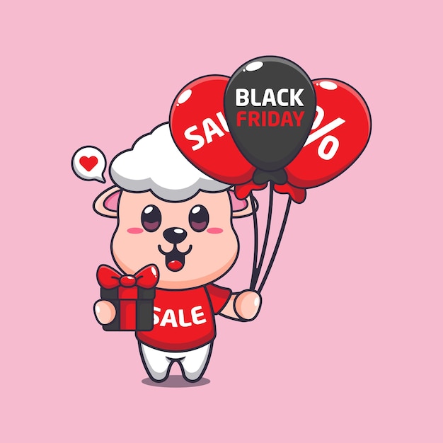 Vecteur mouton mignon avec des cadeaux et des ballons en illustration vectorielle de dessin animé de vente vendredi noir