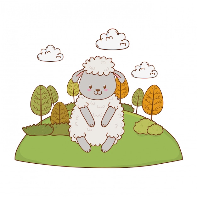 Vecteur mouton mignon dans le champ boisé