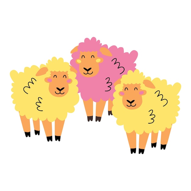 Moutons Heureux Lumineux Mignons Vector Illustration Dessinée à La Main