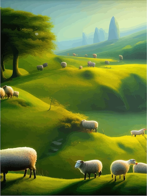 Vecteur les moutons paissent sur un pré vert comptent le paysage d'animaux de ferme de moutons comptant les animaux de dessin animé pour dormir