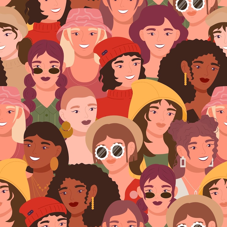 Vecteur mouvement féministe femmes modèle de défilé femmes heureuses font face à des filles multiculturelles ensemble communauté de personnes décor papier d'emballage textile design de papier peint arrière-plan sans couture vectoriel