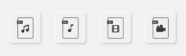 Mp3 wav gif et l'extension mov Les icônes du format de fichier Le format du document est défini Icons de l'extraction de fichier