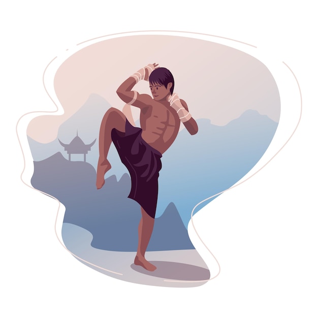 Muay Thai Mâle Combattant Plat Asiatique. Illustration Vectorielle