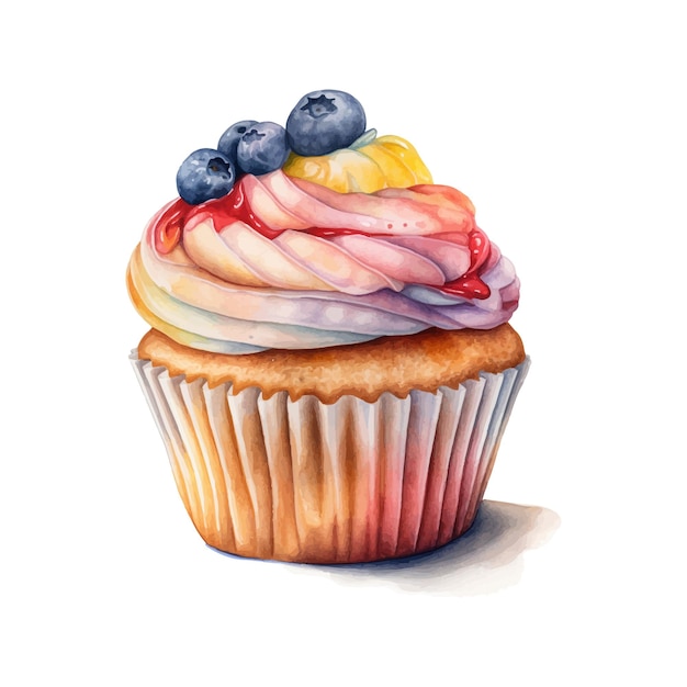 Muffin Aux Bleuets Aquarelle Isolé Sur Blanc