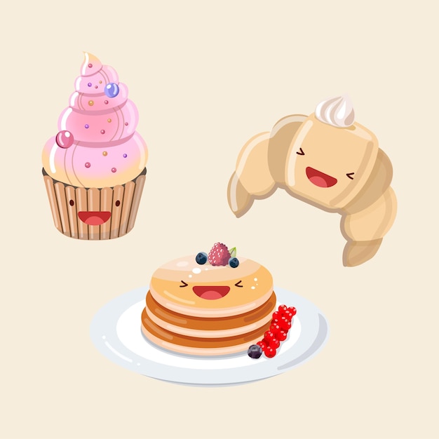 Muffin, Croissant, Crêpes Au Sirop Et Baies, Illustration Mignonne D'icône, Autocollant, Dessin Animé