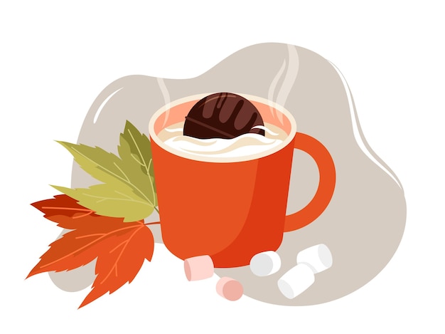 Un Mug Avec Du Lait Chaud Et Une Bombe De Cacao Entourée De Feuilles D'automne.