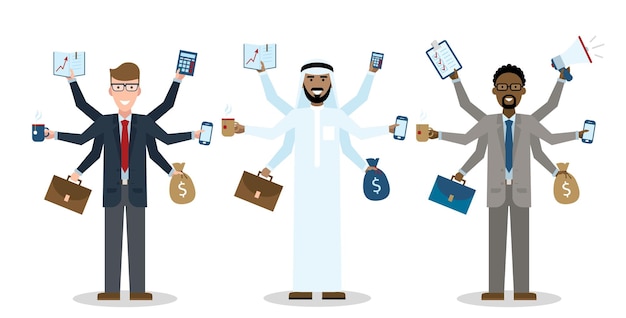 Multitâche six mains hommes d'affaires isolés sur fond blanc Bourreau de travail Talentueux et leadership professionnel