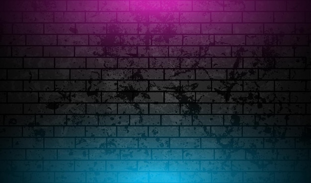 Mur en briques grunge avec éclairage au néon bleu violet fond abstrait
