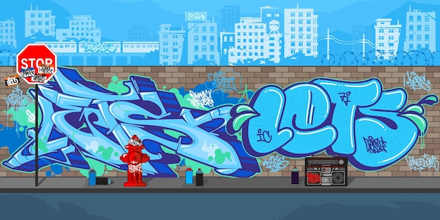 Mur de graffiti Streetart urbain extérieur bleu coloré avec des dessins sur le fond de l'illustration vectorielle de paysage urbain