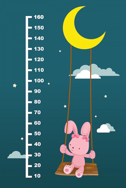 Mur Mètre Avec Lapin Sur Balançoire Suspendue. Illustration.