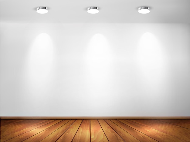 Mur avec spots et parquet. Concept de salle d'exposition. .
