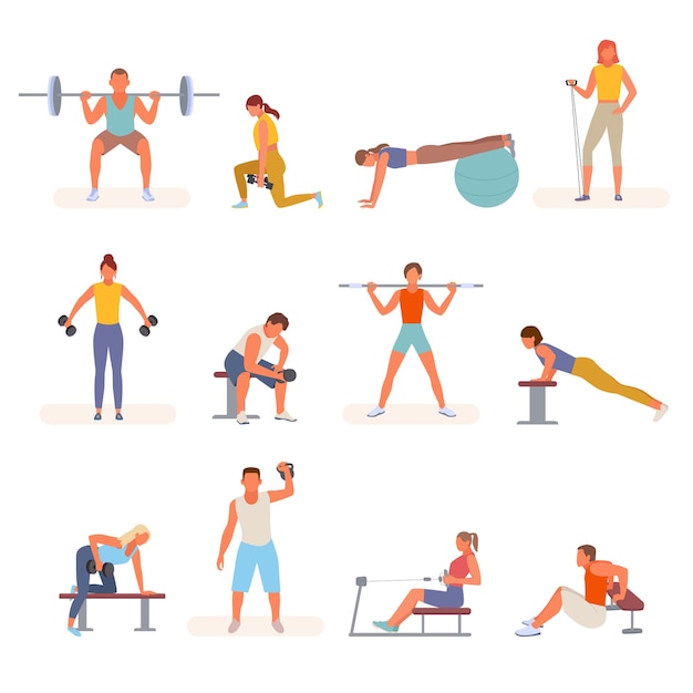 Musculation, fitness, dans, gymnase, ensemble, illustration