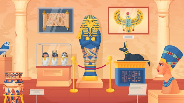 Musée égyptien Statues de déesse d'Egypte et momies de pharaon dans l'intérieur de l'architecture de la civilisation ancienne avec de vieilles colonnes de monuments de Dieu du Caire illustration vectorielle ingénieuse de la statue de pharaon antique