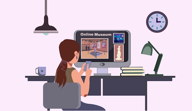 Musée virtuel dans un ordinateur portable moderne Illustration vectorielle de musée en ligne Femme visitant une exposition d'art