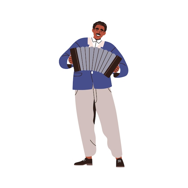 Vecteur musicien heureux jouant squeezebox homme noir tenant une boîte à squeeze dans les mains joueur de musique afro-américain jouant sur l'instrument garmon illustration vectorielle plate isolée sur fond blanc