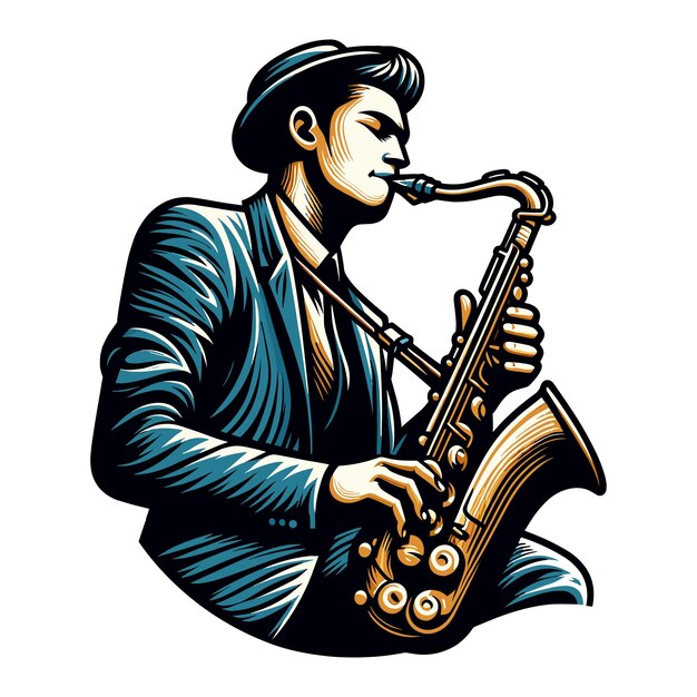Vecteur musicien jouant du saxophone joueur de musique jouant en solo tenant un instrument de saxophone dans les mains