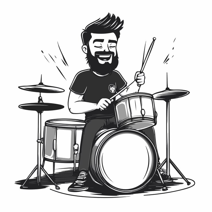 Vecteur musicien talentueux jouant de la batterie, de la basse et chantant avatar car