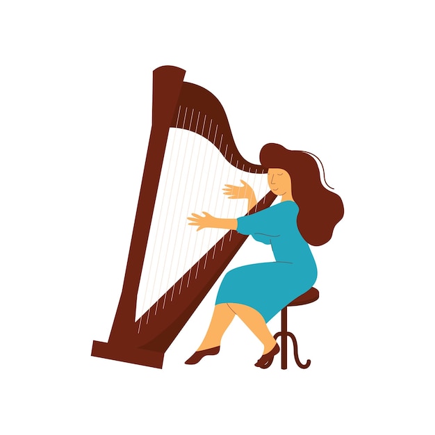 Vecteur musicienne féminine jouant de la harpe instrument de musique classique illustration vectorielle sur fond blanc