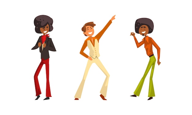 Des musiciens pop rétro, des artistes, des chanteurs, des personnages portant des vêtements de style disco des années 70, des illustrations vectorielles de dessins animés.