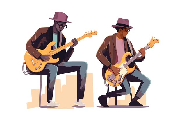 Vecteur musiciens de rue masculins jouant de la guitare et du saxophone illustration vectorielle plane isolée sur fond blanc