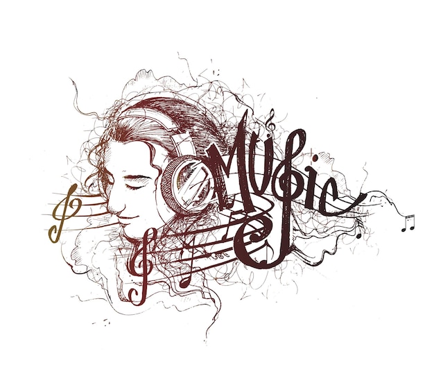 Vecteur musique de fond fille de vecteur écoute de la musique illustration de dessin animé isolé sur blanc