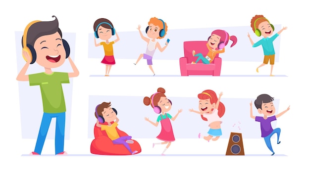 Musique Pour Enfants. Les Petits Enfants Heureux Se Détendent Et écoutent Le Son Dans Des écouteurs Vectoriels Exacts. La Fille Et Le Garçon D'illustration écoutent La Musique, Amusement D'enfants De Dessin Animé