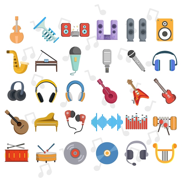 Musique Vector Clip Art Sertie D'instruments De Musique Guitare Batterie Notes De Musique Casque Microphone