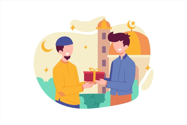 Musulman Donnant Un Cadeau Pendant La Célébration Du Ramadan Illustration Vectorielle Dessinée à La Main