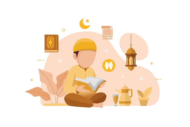 Vecteur les musulmans lisent et apprennent le livre sacré islamique du coran