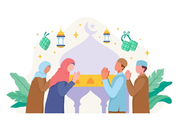 Les musulmans saluent et célèbrent l'Aïd Al fitr. illustration dans un style plat