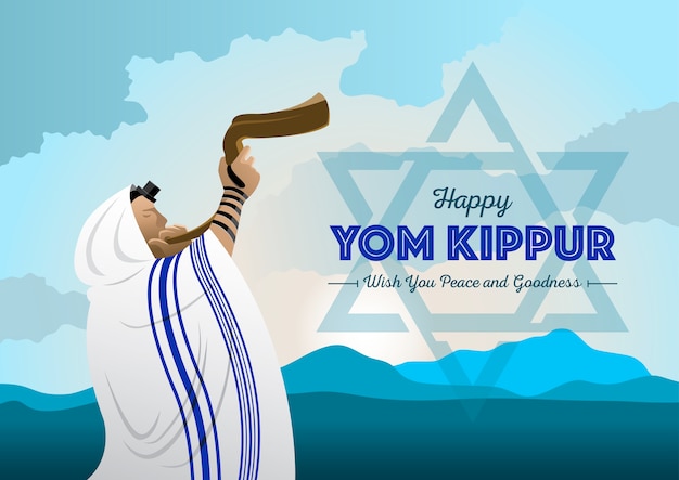 Vecteur n illustration de l'homme juif soufflant la corne de bélier shofar le jour de célébration de rosh hashanah et yom kippour